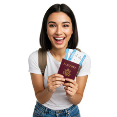 Excited woman ready for her trip, holding passport and boarding passes.