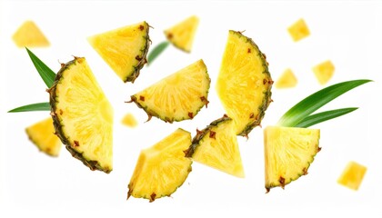 Vibrant pineapple slices and green leaves floating on a white background, perfect for tropical and healthy lifestyle themes.