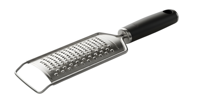 Shiny silver grater on black shows sleek design. It is perfect for product staging, recipe layouts, or ads in the food industry.