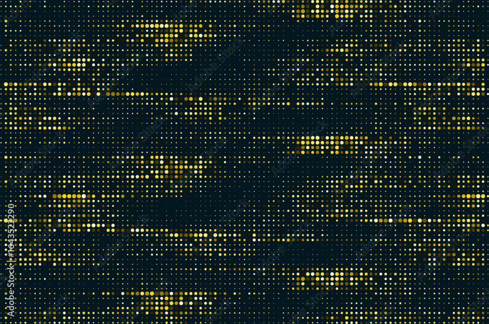 Poster abstract gold halftone circles luxury pattern consists of different dots isolated on dark background