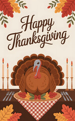 Festive thanksgiving dinner with roasted turkey and autumn leaves