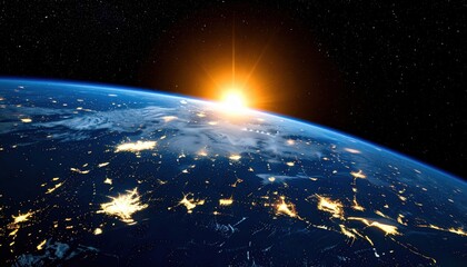 Fototapeta premium A breathtaking view of Earth from space at sunrise, highlighting illuminated city lights and the planet's curvature.