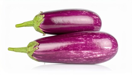 Two vibrant purple eggplants with glossy skin and green stems, isolated on a white background.