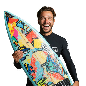 Cheerful surfer holds a colorful surfboard, expressing pure joy with a radiant smile.