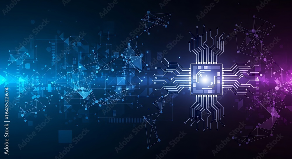 Poster abstract representation of a central processing unit with network connections and blue and purple hu