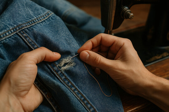 Hands repairing torn denim jacket with needle and thread