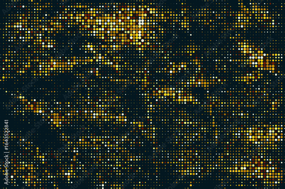 Poster abstract gold halftone circles luxury pattern consists of different dots isolated on dark background
