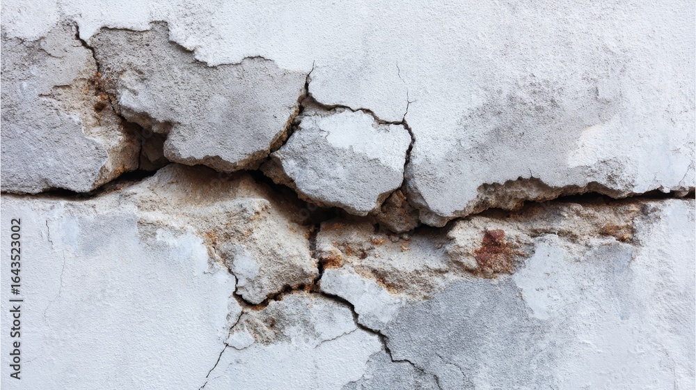 Poster closeup of a weathered concrete wall with cracks and peeling paint showcasing aged texture and subtl