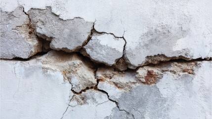 Obraz premium Closeup of a weathered concrete wall with cracks and peeling paint showcasing aged texture and subtle color variations under soft overcast light