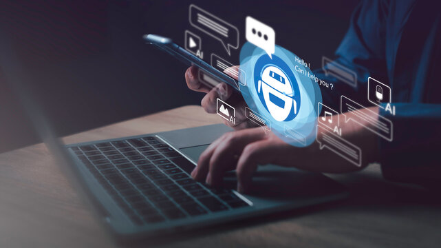 AI chatbot and generative AI technology concept showing a person using a smartphone and laptop for virtual assistance, with digital interface icons for communication, automation.