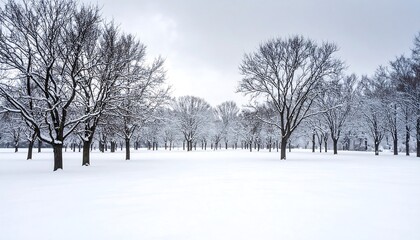 Obraz premium Serene winter landscape showcasing snow-covered trees in a tranquil park setting creating a