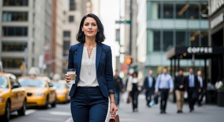 Fototapeta premium Businesswoman in a blue suit walking with coffee on a city street with yellow taxis and pedestrians