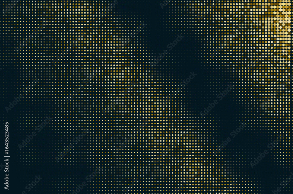 Poster abstract gold halftone circles luxury pattern consists of different dots isolated on dark background