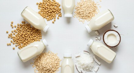 Assorted plant-based milk in glass bottles with soybeans, oats, and coconut on white table, vegan dairy alternatives, healthy organic lactose-free drinks
