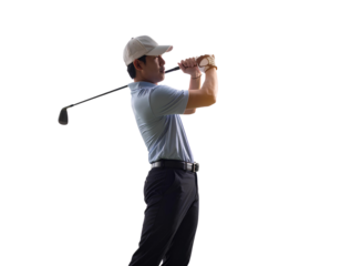 Male golfer in mid-swing action with his golf club isolated on a transparent background.