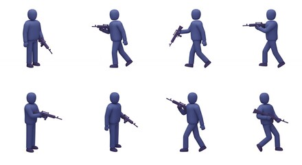 Stylized figures with rifles in various poses