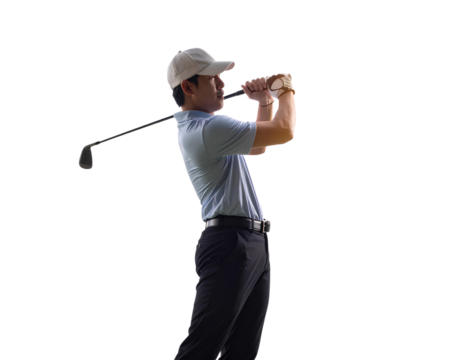 Male golfer in mid-swing action with his golf club isolated on a transparent background.