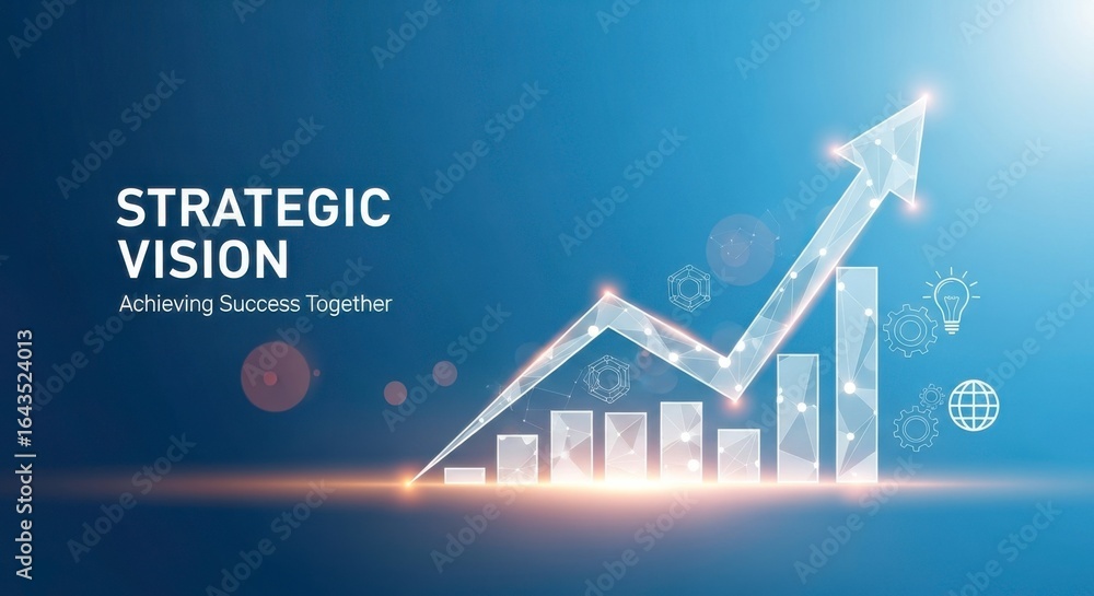 Poster white arrow pointing upwards over a bar graph on a blue gradient background with strategic vision te