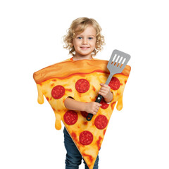 A joyful child dressed up in a pizza slice costume, holding a spatula and smiling.