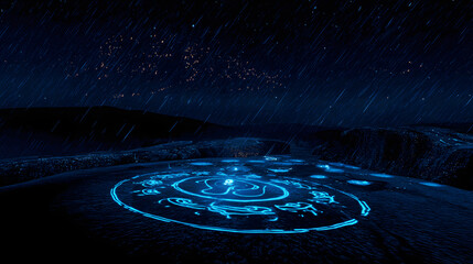 An otherworldly crater illuminated by glowing preservation symbols beneath a meteor shower.
