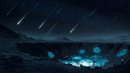 An otherworldly crater illuminated by glowing preservation symbols beneath a meteor shower.
