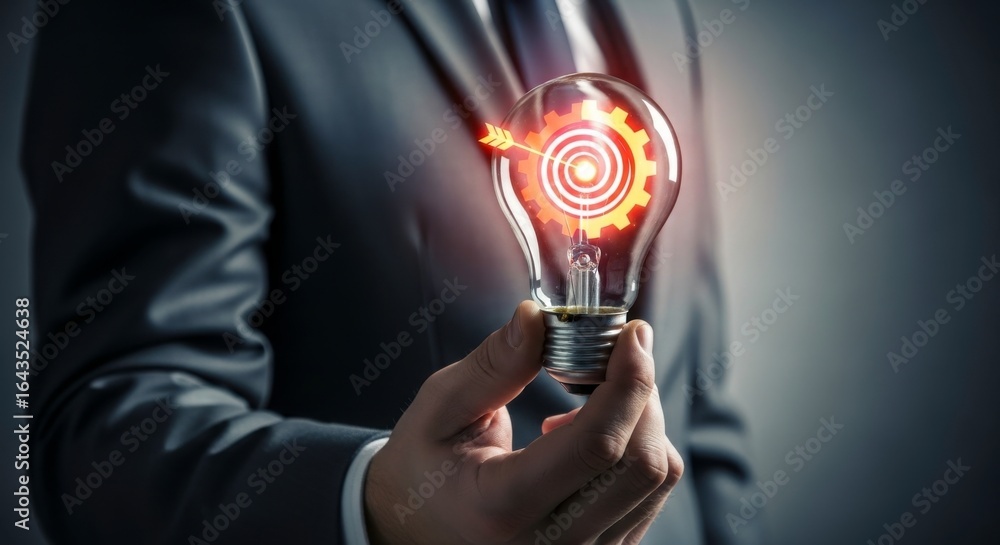 Poster a businessman holding a lightbulb with a target and arrow inside representing a business idea
