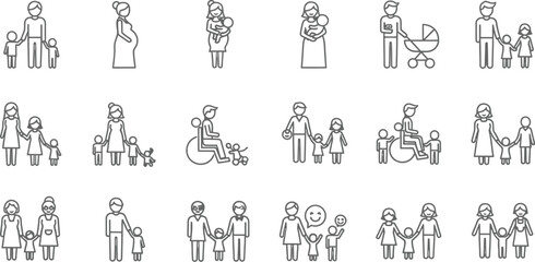 Social unit family outline icons. Single parent, kids icon editable vector illustration. Parenting family drawing line icon set