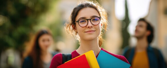The confident student carrying colorful folders on a university campus.