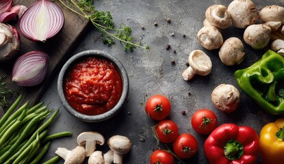 Overhead shot pizza sauce & veggies prep