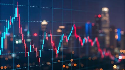 A dynamic stock market chart with glowing blue and red elements on a dark background