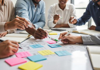 Diverse business team in a creative brainstorming session with colorful sticky notes and markers