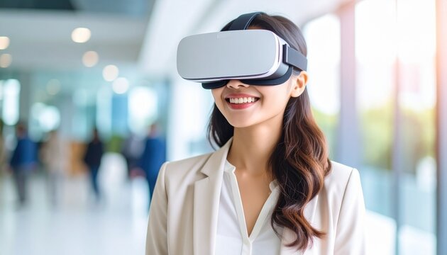 Smiling woman wearing a virtual reality headset and a blazer in a bright, modern office environment.