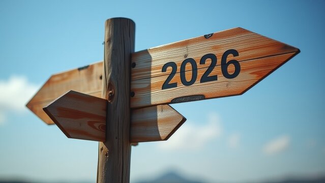 Signpost indicating the year 2026