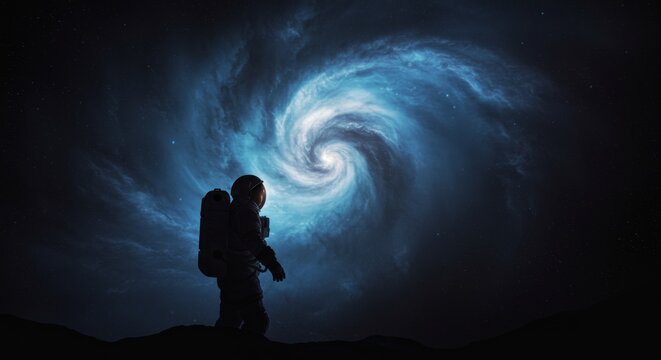 Astronaut Gazing Upon a Distant Cosmic Whirlpool of Light and Nebula