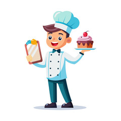 Male chef presenting futuristic holographic dessert menu in clean vector style, innovative food technology concept with white background illustration