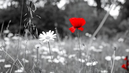 Striking Contrast: Red Poppy and White Daisy in a Monochrome Field Scenery