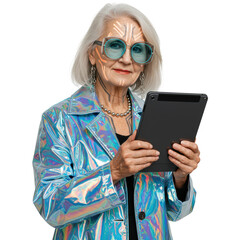 Stylish senior woman with a futuristic twist, using a tablet with grace and innovation.