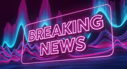Dynamic neon Breaking News alert on a vibrant digital waveform background, signifying urgent information updates and live broadcasts.
