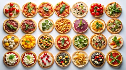 Assortment of mini pizzas with various toppings, a delightful food display