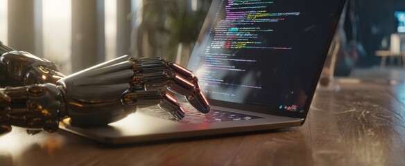 The robotic hand interacting with a laptop displaying colorful coding.