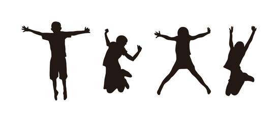 A silhouette that captures the joy, freedom, and movement of children jumping in dynamic poses. Ideal for visuals that capture active lifestyles, such as celebration, success, dance, and performance.