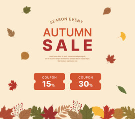 A fall season sale banner with a colorful, falling leaf background. Includes a discount coupon, making it ideal for marketing, promotions, retail, and seasonal event designs.