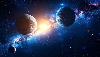 Stunning cosmic background with planets and a radiant nebula, a celestial vista