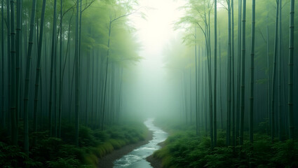 Naklejka premium Serene Misty Bamboo Forest with Winding Path and Greenery