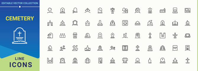 Cemetery modern line icon set. Thin UI icons. Includes symbols for horror, spider, witch, celebration, hat, holiday, halloween. Editable stroke collections. Ghost modern icon set.