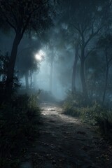 Obraz premium Moonlit Forest Path at Night A Mystical Scene