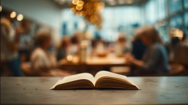 An open book rests on a table, inviting readers to delve into its pages, with a blurred background of a social gathering.