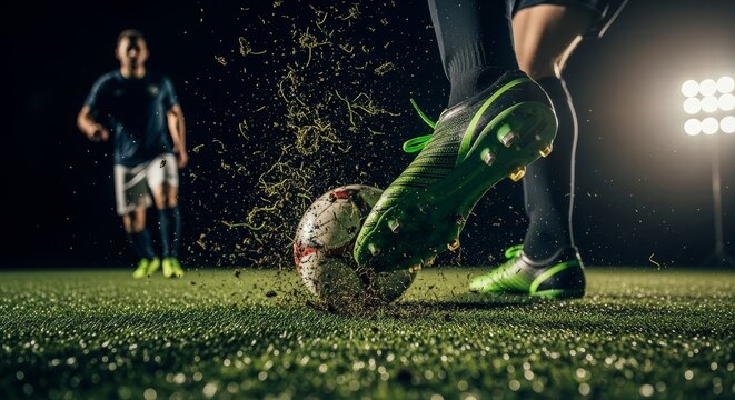 Soccer Player Kicking Ball Dynamic Action Shot.