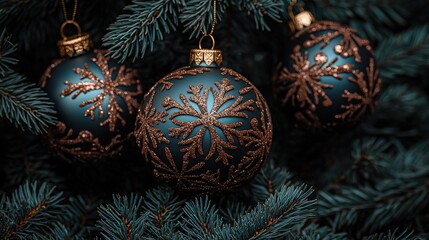 Vintage Christmas Decor: Hanging Shiny Ornaments on Dark Background, Festive New Year Holiday Concept with Retro Filter​
