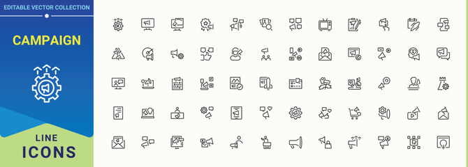 Campaign vector line icon set. Minimalist icons collection. Related to market, advertising, ads, business. Editable vector stroke. Ads icon set.